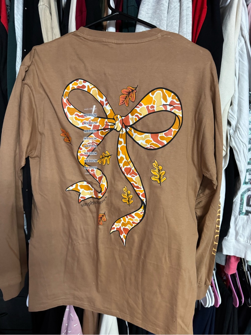 Simply Southern Brown Long Sleeve Tee with Orange & Yellow Bow Graphic